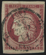 EMISSION DE 1849 - 6     1f. Carmin, Obl. Càd PARIS 11/12/52, Inf. Pelurage Marge Sup., Néanmoins RR Et TB - 1849-1850 Ceres