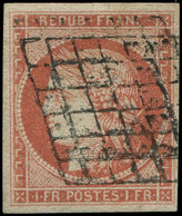 EMISSION DE 1849 - 7     1f. VERMILLON, Obl. GRILLE, Belle Couleur, TTB, Certif. Calves - 1849-1850 Ceres