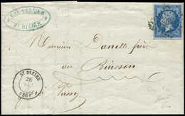 Let EMPIRE NON DENTELE - 14Bb 20c. Bleu Sur LILAS, T II, Obl. PC 3045 S. LAC, Càd T15 ST DIZIER 26/12/(61), TB. J - 1853-1860 Napoleon III