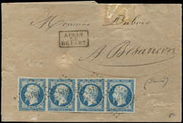 Let EMPIRE NON DENTELE - 15   25c. Bleu, BANDE De 4 Décollée Pour Examen, Filet Intact, Obl. PC 1818 S. LSC, Cote Détach - 1853-1860 Napoleon III