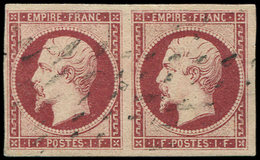EMPIRE NON DENTELE - 18    1f. Carmin, PAIRE Obl. ROULETTE De POINTS, Restaurée, Aspect TTB - 1853-1860 Napoléon III