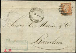 Let EMPIRE DENTELE - 23   40c. Orange, Obl. Espagnole 2 Sur LAC De Marseille Du 25/4/64, Cachet ADMON DE CAMBIO/BARCELON - 1862 Napoleone III