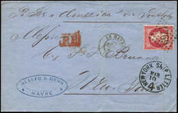 Let EMPIRE DENTELE - 24a  80c. Rose Foncé, Obl. GC 1769 S. LAC, Càd T15 LE HAVRE 25/2/67, Arr. Càd NEW-YORK SHIP LETTER  - 1862 Napoleon III