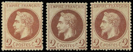 (*) EMPIRE LAURE - 26    2c., 3 Ex. Neufs Sans Gomme Avec Nuances Dont Chocolat, TB - 1863-1870 Napoleon III With Laurels