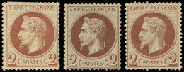 (*) EMPIRE LAURE - 26    2c., 3 Ex. Neufs Sans Gomme Avec Nuances Dont Chocolat, TB - 1863-1870 Napoléon III Con Laureles