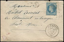 Let EMPIRE LAURE - 29B  20c. Bleu, T II, Variété "A LA PIPE" (partielle) Obl. GC 588 S. Env., Càd T17 BOURMONT 22/2/70,  - 1863-1870 Napoleon III With Laurels