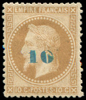 * EMPIRE LAURE - 34a  10 S. 10c. Bistre, Surcharge Bleu Pâle, Ch. Un Peu Forte Mais Frais Et Bien Centré, TB - 1863-1870 Napoléon III Lauré