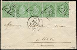 Let EMPIRE LAURE - 35    5c. Vert Pâle Sur Bleu, BANDE De 5 Obl. GC 12 S. Env., Càd T17 AUCH 17/5/72, TTB. C - 1863-1870 Napoléon III Lauré