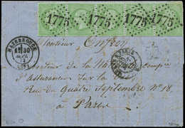 Let EMPIRE LAURE - 35    5c. Vert Pâle Sur Bleu, BANDE De 5, 1 Ex. Petit Pli D'archive, Obl. GC 1775 S. LAC, Càd T17 HAZ - 1863-1870 Napoleon III With Laurels