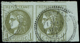 EMISSION DE BORDEAUX - 39B   1c. Olive, R II, PAIRE Bdf Obl. Càd Perlé T24 15/9/71, Inf. Pelurage S. 1 Ex. Mais Néanmoin - 1870 Emission De Bordeaux