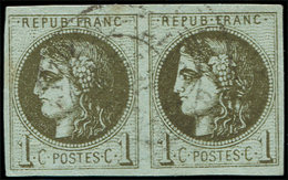EMISSION DE BORDEAUX - 39C   1c. Olive, R III, PAIRE Obl. Càd, TB - 1870 Emisión De Bordeaux
