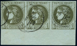 EMISSION DE BORDEAUX - 39Cb  1c. Olive Foncé, R III, BANDE De 3 Bdf Obl. Càd T16 SAINTES 4/5/71, TB - 1870 Bordeaux Printing