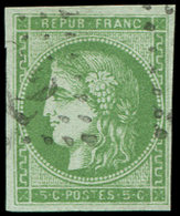 EMISSION DE BORDEAUX - 42A   5c. Vert-jaune, R I, Pos. 9, Obl. GC, Inf. Pelurage, Néanmoins R Et TB - 1870 Emisión De Bordeaux