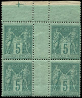 * TYPE SAGE - 75f   5c. Vert Sur Verdâtre, BLOC De 4 Sans Mill., Bdf Croix De Repère, TB - 1876-1878 Sage (Type I)