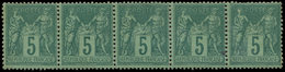 * TYPE SAGE - 75f   5c. Vert Sur Verdâtre, BANDE De 5, Une Dc Sur 5e Timbre, TB - 1876-1878 Sage (Type I)