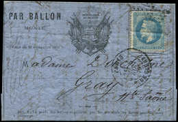 Let BALLONS MONTES - N°29B Obl. Etoile 24 S. FORMULE Aux DRAPEAUX, Càd R. De Cléry 8/11/70, Pour GRAY Zone Occupée, TB.  - War 1870