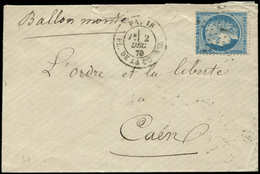 Let BALLONS MONTES - N°37 Obl. Etoile 1 S. Env., Càd Pl. De La Bourse 2/12/70, Arr. CAEN 8/12, TB. LE FRANKLIN - War 1870