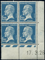 ** EMISSIONS DU XXème SIECLE - 180   Pasteur,  1f.25 Bleu, BLOC De 4 CD 17/3/26, TB - Unused Stamps