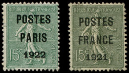 (*) PREOBLITERES - 31 Et 34, 15c. Vert Olive, POSTES PARIS 1922 Et POSTES FRANCE 1921, Les 2 Petit Aminci, Aspect TB - 1893-1947