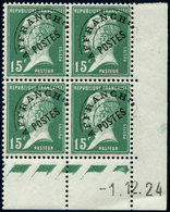 ** PREOBLITERES - 65  Pasteur, 15c. Vert, BLOC De 4 CD 1/12/24, TB - 1893-1947