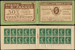 CARNETS (N°Cérès Jusqu'en1964) - 25   Semeuse Camée, 10c. Vert, N°159B, T IC, S. 28, PASTEUR A L'ECRAN, TB - Other & Unclassified