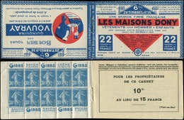 CARNETS (N°Cérès Jusqu'en1964) - 53   Semeuse Camée, 30c. Bleu, N°192A, T IIB, S. 101-N, MAISONS DONY, TTB - Other & Unclassified