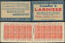 CARNETS (N°Cérès Jusqu'en1964) - 100  Semeuse Lignée, 50c. Rouge, N°199B, T IIB, S. 186, LAROUSSE, Bas De Feuille, Un Ex - Otros & Sin Clasificación