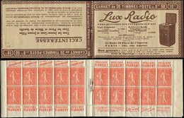 CARNETS (N°Cérès Jusqu'en1964) - 115  Semeuse Lignée, 50c. Rouge, N°199B, T IIB, S. 158, LUX RADIO, Amorce De Découpe Su - Other & Unclassified