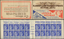 CARNETS (N°Cérès Jusqu'en1964) - 244  Paix, 90c. Bleu, N°368, T I, S. 55, LOTERIE NATIONALE, Adh. Sur Les Bords Et Qqs D - Otros & Sin Clasificación