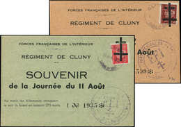 Let TIMBRES DE LIBERATION - CLUNY 1/2 : 1f. Rouge Et 1f20 Brun-rouge Obl. S. 2 Cartes Souvenir, TB - Liberación