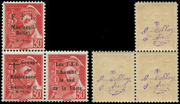 ** TIMBRES DE LIBERATION - MONTREUIL BELLAY 30 : 30c. Rouge, BLOC De 3 Avec Les Textes Patriotiques SUR Les Timbres, TB - Liberación