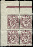 ** VARIETES - 108   Blanc,  2c. Brun-lilas, PIQUAGE à CHEVAL, BLOC De 4 Cdf, TB - Unused Stamps