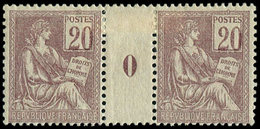 * VARIETES - 113   Mouchon, 20c. Brun-lilas, CHIFFRES TOUCHANT Le Cadre, PAIRE Mill.0, Ch. Un Peu Forte, TB - Unused Stamps