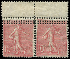 * VARIETES - 129   Semeuse Lignée, 10c. Rose, PAIRE Avec Spectaculaire TRIPLE PIQUAGE, Gomme Altérée Mais TB - Unused Stamps