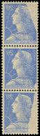 ** VARIETES - 1011B  Muller, 20f. Bleu, BANDE Verticale De 3, RECTO-VERSO, TTB - Unused Stamps