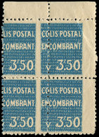 ** ALGERIE Colis Px 40a : 3f50 Bleu, BLOC De 4 Sans Surcharge CONTROLE REPARTITEUR Et Piquage A CHEVAL, TB - Parcel Post