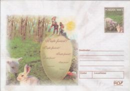 EASTER, PAINTED EGGS, DWARFS, LAMB, RABBIT, COVER STATIONERY, ENTIER POSTAL, 2004, ROMANIA - Easter