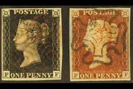 1840/41 BLACK + RED MATCHED PAIR. 1840 1d Black & 1841 1d Red-brown Both 'FF' From Plate 5 (SG 2+7), Each With 4 Margins - Unclassified
