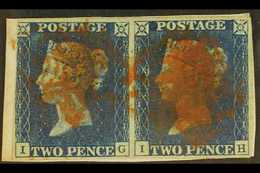 1840 2d Blue, SG 5, Plate 1, HORIZONTAL PAIR Lettered "IG - IH" On Small Piece, Fresh Colour, Just Into At Left Otherwis - Andere & Zonder Classificatie