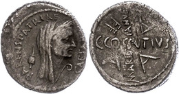 89 C. Cossutius Maridianus, Denar (3,76g), 44 V. Chr., Rom. Av: Verschleiertes Kopf Caesars, Davor "CAESAR" Und Lituus,  - République (-280 à -27)