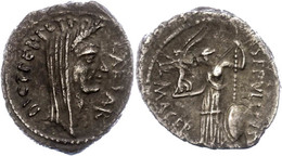 90 P. Sepullius Macer, Denar (3,15g), 44 V. Chr., Rom. Av: Verschleierter Kopf Caesars Nach Rechts, Darum "CAESAR" Und " - République (-280 à -27)