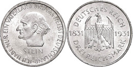 378 3 Reichsmark, 1931, Freiherr Von Stein, Wz. Rf., Vz., Katalog: J. 348 Vz - Autres & Non Classés