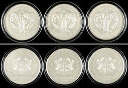 606 3x 5 Cedi, 2015, Lunar Skulls - Year Of The Goat, 1 Unze Silber, In Kapsel Mit Zertifikat, St. Auflage Nur 2.000 Stü - Ghana