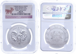 607 5 Cedis, 2015, Lunar Skulls Series-Year Of The Goat, In Slab Der NGC Mit Der Bewertung MS70, Early Releases. - Ghana