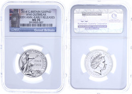 614 20 Pounds, 2014, WWI Outbreak, In Slab Der NGC Mit Der Bewertung MS70, Early Releases, Big Ben Label. - Altri & Non Classificati