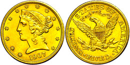 861 5 Dollars, Gold, 1907, Philadelphia, Fb. 143, Kl. Kratzer Auf Dem Avers, Ss+. - Altri & Non Classificati