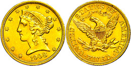 863 5 Dollars, Gold, 1908, Philadelphia, Fb. 143, Kl. Rf., Ss..  Ss - Altri & Non Classificati