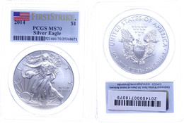 945 Dollar, 2014, Silver Eagle, In Slab Der PCGS Mit Der Bewertung MS70, First Strike, Flag Label. - Altri & Non Classificati