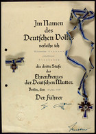 1431 Verleihungsurkunde Dritte Stufe Des Ehrenkreuzes Der Deutschen Mutter, Datiert 17. Mai 1942, Mit Großem Reichssiege - Documenti