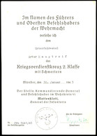 1433 Verleihungsurkunde An Einen Unterfeldwebel, Kriegsverdienstkreuz 2. Klasse Mit Schwertern, Datiert 30. Januar 1945, - Documents